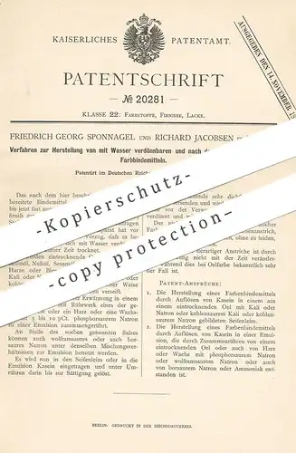 original Patent - Friedrich Georg Sponnagel , Richard Jacobsen , Berlin , 1882 , unlösliche Farbbindemittel | Farbe !!