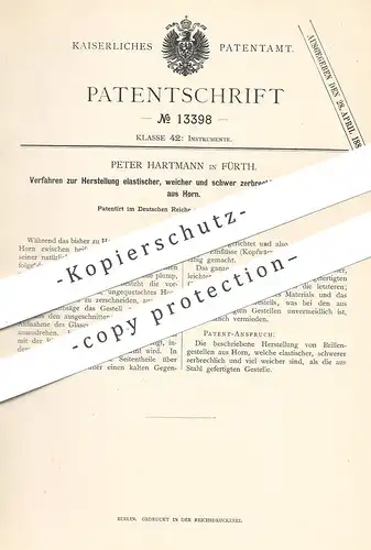 original Patent - Peter Hartmann , Fürth , 1880 , elastisches Brillengestell aus Horn | Brille , Brillen , Optiker !!!