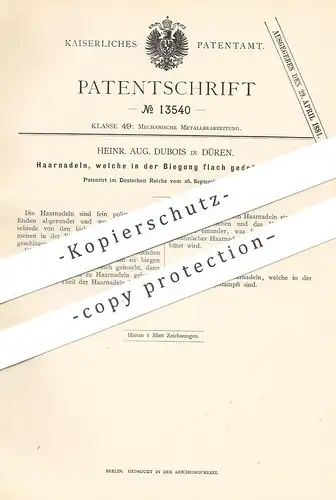 original Patent - Heinr. Aug. Dubois , Düren , 1880 , Haarnadel , Haarnadeln | Haar , Friseur , Frisur !!!