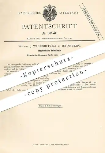 original Patent - Frau J. Wiersbitzka , Bromberg , 1880 , Mechanische Fußbürste | Bürste | Bürsten !!