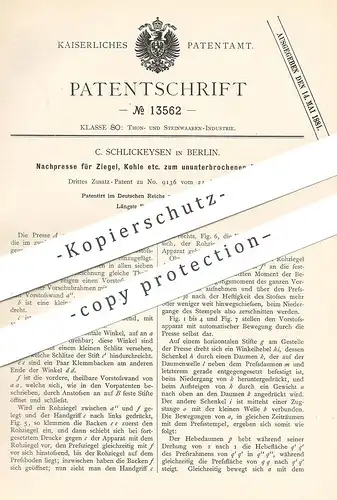 original Patent - C. Schlickeysen , Berlin , 1880 , Nachpresse für Ziegel , Kohle | Presse , Ziegelpresse , Ziegelei !!