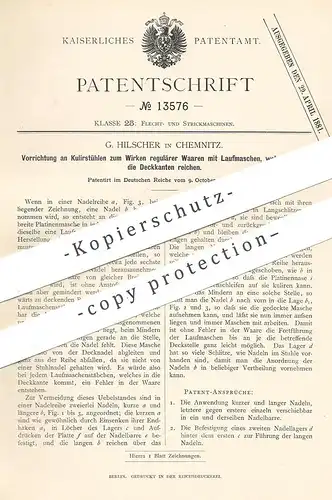 original Patent - G. Hilscher , Chemnitz , 1880 , Kulierstuhl | Laufmasche | Schneider , Nähmaschine | Nadel , Nadeln !