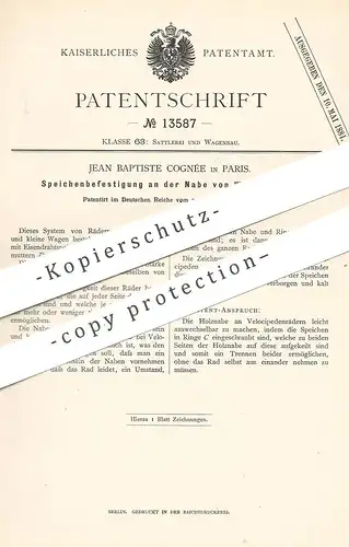 original Patent - Jean Baptiste Cocnée , Paris Frankreich 1880 , Speichen - Befestigung an Wagenrad - Nabe | Rad , Räder