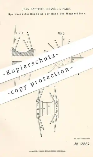 original Patent - Jean Baptiste Cocnée , Paris Frankreich 1880 , Speichen - Befestigung an Wagenrad - Nabe | Rad , Räder