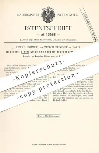 original Patent - Pierre Brunet , Victor Brossier , Paris , Frankreich , 1880 , Hobel mit einem Eisen | Holzhobel , Holz