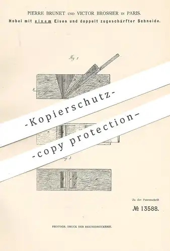 original Patent - Pierre Brunet , Victor Brossier , Paris , Frankreich , 1880 , Hobel mit einem Eisen | Holzhobel , Holz