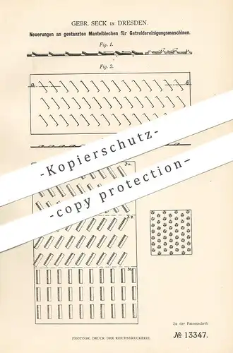 original Patent - Gebr. Seck , Dresden , 1880 , gestanztes Blech für Getreidereinigungsmaschinen | Getreide , Mühle !!!