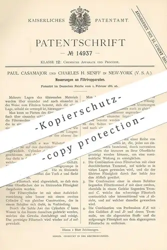 original Patent - Paul Casamajor , Charles H. Senff , New York , USA , 1881 , Filtrierapparat | Filter , Filtern !!!