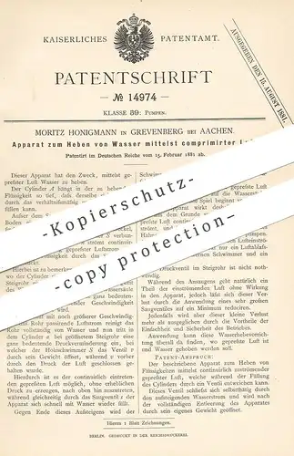 original Patent - Moritz Honigmann , Grevenberg / Aachen , 1881 , Heben von Wasser mittels komprimierter Luft | Pumpe !