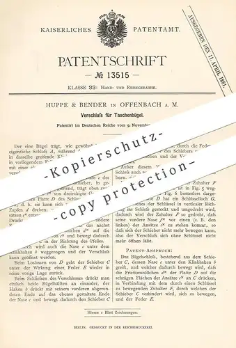 original Patent - Huppe & Bender / Offenbach / Main , 1880 , Verschluss für Taschenbügel | Tasche , Schloss , Koffer !!