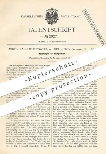 original Patent - Edwin Radcliffe Powell , Burlington , Vermont , USA , 1882 , Zaunpfahl , Zaunpfähle | Metall - Pfahl