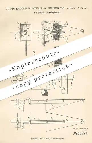 original Patent - Edwin Radcliffe Powell , Burlington , Vermont , USA , 1882 , Zaunpfahl , Zaunpfähle | Metall - Pfahl