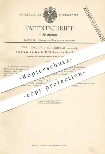original Patent - Carl Joachim , Schweinfurt / Main , 1882 , Griffflächen von Brechwalzen | Walze , Walzen | Mühle !!