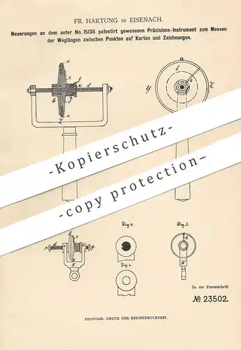 original Patent - Fr. Hartung , Eisenach , 1883 , Messen der Weglänge auf Karten , Zeichnungen | d'Optorp | Länge !!