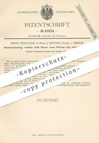 original Patent - Ernst Kühlstein | J. Fetting Nachf. , Berlin , 1882 , Deichselbeschlag | Deichsel | Kutsche , Pferde