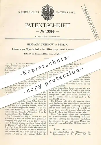 original Patent - Hermann Treskow , Berlin , 1880 , Führung am Objektivtisch für Mikroskop nebst Kompressorium !!!