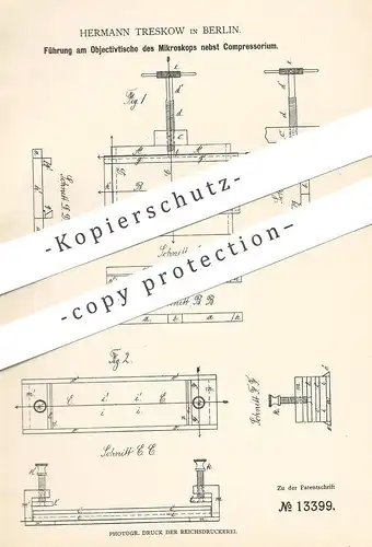 original Patent - Hermann Treskow , Berlin , 1880 , Führung am Objektivtisch für Mikroskop nebst Kompressorium !!!