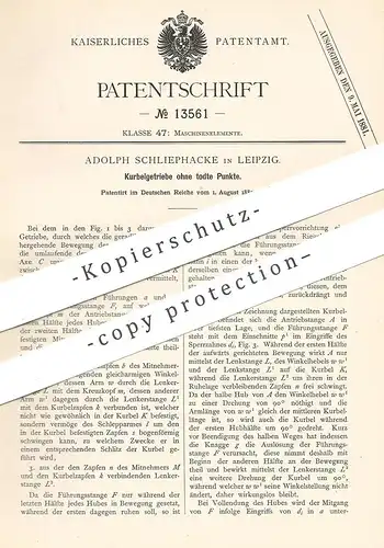 original Patent - Adolph Schliephacke , Leipzig , 1880 , Kurbelgetriebe ohne tote Punkte | Kurbel - Getriebe | Motor !!!