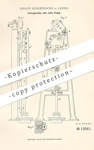 original Patent - Adolph Schliephacke , Leipzig , 1880 , Kurbelgetriebe ohne tote Punkte | Kurbel - Getriebe | Motor !!!