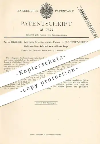 original Patent - G. L. Oemler , Leipziger Strickmaschinen Fabrik , Leipzig / Plagwitz , 1880 , Strickmaschinen - Nadel