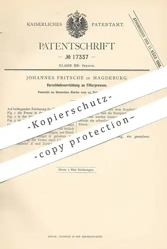 original Patent - Johannes Fritsche , Magdeburg , 1881 , Verschlussvorrichtung an Filterpresse | Filter Presse | Pressen