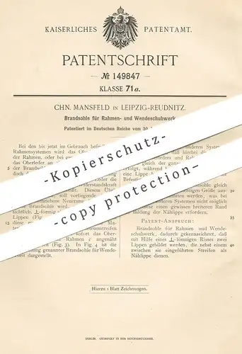 original Patent - Chn. Mansfeld , Leipzig / Reudnitz , 1903 , Brandsohle für Schuhwerk | Schuhe , Schuster , Sohle !!!