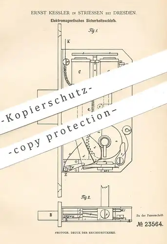 original Patent - Ernst Kessler , Dresden / Striessen , 1883 , Elektromagnetisches Türschloss | Schloss , Schlosser !!!
