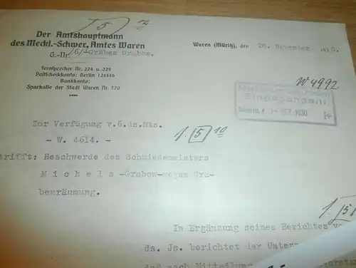 Schmiedemeister Michels in Grabow , 1930 , Ministerium des Innern , Waren Müritz , Torfmoorgraben , Wasserpolizei !!!