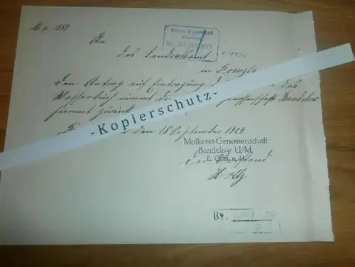 Molkerei Bandelow U/M  , 1929 , Prenzlau , altes Dokument !!! Mecklenburg