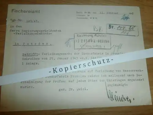 Zuckerfabrik Prenzlau , 1943 , Fischereiamt , Regierung Potsdam !!!