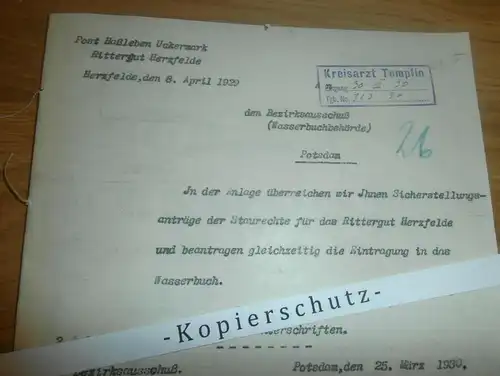 Rittergut Herzfelde  , 1930 , Post Haßleben , Templin , Kreisarzt , Regierung Potsdam !!!