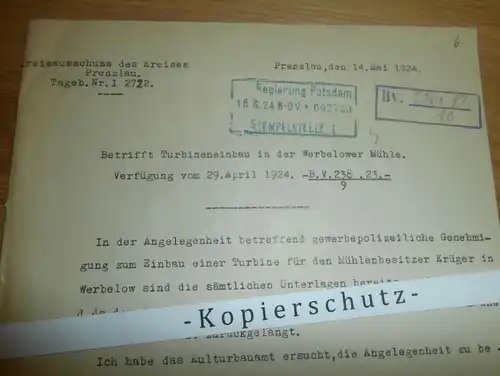 Mühle Werbelow , 1924 , Turbine , Besitzer Krüger , Prenzlau , Nechlin , Regierung Potsdam !!!