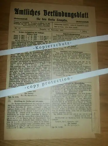 Verkündungsblatt Kreis Templin 1. Jahrgang , 1927 ,  Filmverbote , Forst , Reichsbahn !!!