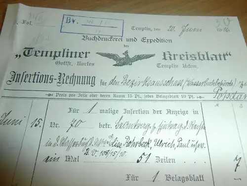 Kreisblatt Templin , 1916 , Rechnung , Potsdam , Buchdruckerei und Expedition !!