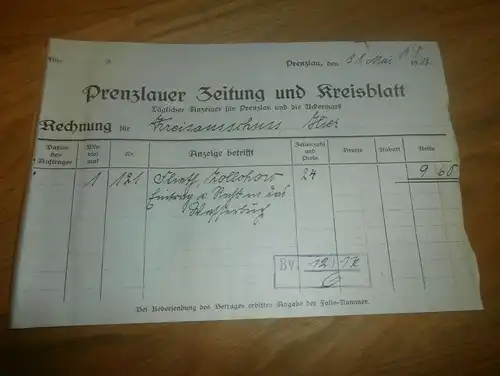 Prenzlauer Zeitung und Kreisblatt , 1917 , Prenzlau !!!