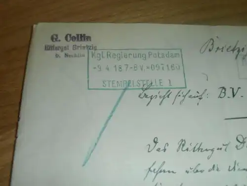 Rittergut Brietzig b. Nechlin , 1918 , Damerow , Kgl. Regierung Potsdam !!!