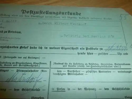 Postzustellungsurkunde Brietzig b. Nechlin , 1920 , Wilhelm Matzdorf , Post !!!