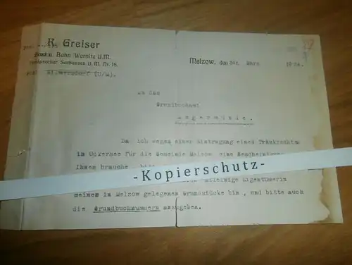 K. Greiser in Melzow / Bahn Warnitz , 1924 , Uckersee , Kr. Angermünde !!!