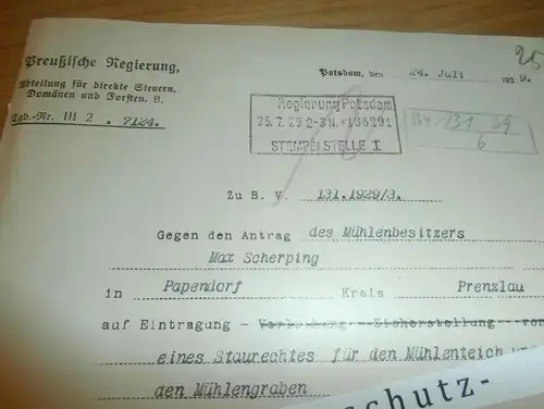 Mühlenbesitzer Scherping in Papendorf , 1929 , Regierung , von Bonin , Pasewalk !!!