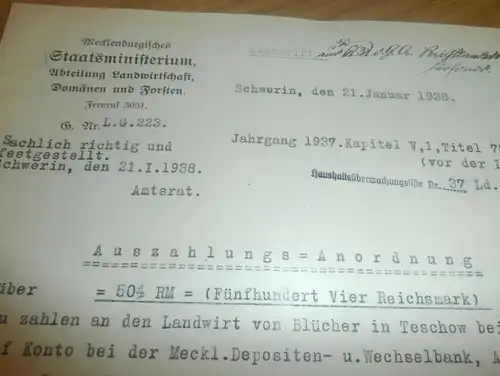 Gutsverwaltung von Blücher in Teschow b. Teterow  , 1938 , Güstrow , Mecklenburg , Staatsministerium !!!