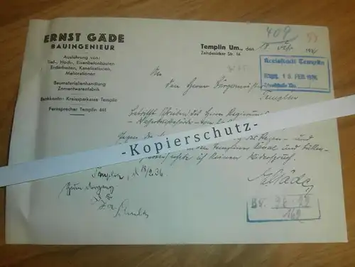 Ernst Gäde in Templin , 1936 , mit Autograph , an Bürgermeister , Uckermark !!!