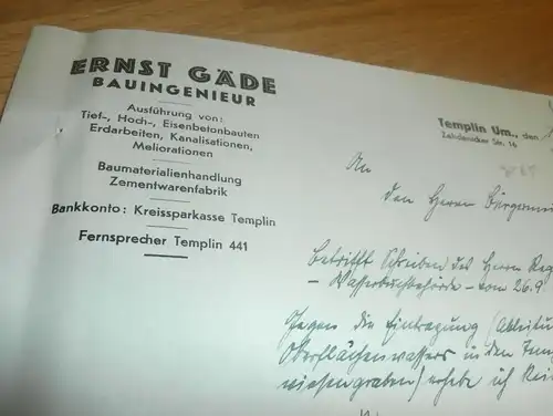 Ernst Gäde in Templin , 1936 , mit Autograph , an Bürgermeister , Uckermark !!!