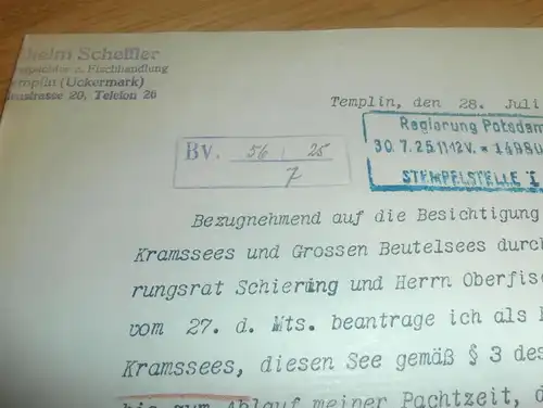 Fischerei Wilhelm Scheffler in Templin , 1925 , mit Autograph , Dr. Quiel , Regierung Potsdam , Uckermark !!!