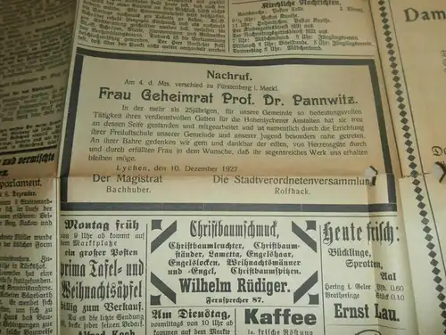 Lychener Zeitung , 1927 , Dr. Pannwitz , Lychen ,  Kaufhaus, Fürstenberg , Reklame / Werbung !!!