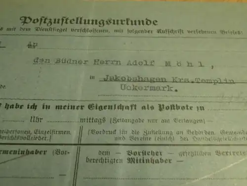 Büdner Adolf Möhl in Jakobshagen , 1929 , Warthe , Templin , Postzustellungsurkunde , Uckermark !!!