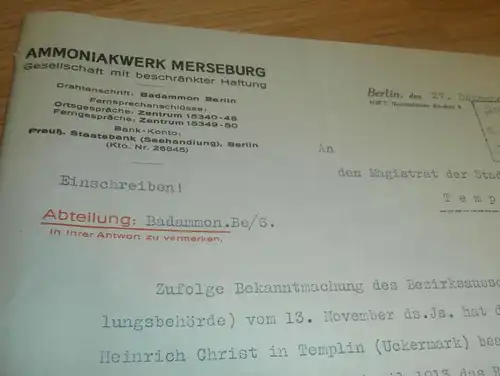 Ammoniakwerk Merseburg , 1926 , Mühlenbesitzer Christ in Templin , Badammon , Uckermark !!!