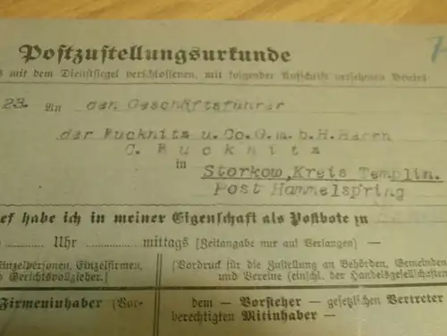 Wucknitz § Co. in Storkow / Hammelspring , 1925 , Postzustellungsurkunde , Templin !!!