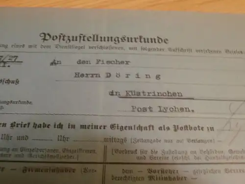 Fischer Döring in Küstrinchen b. Lychen , 1931 , Postzustellungsurkunde !!!