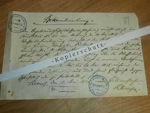 Gut Krewitz / Crewitz  , 1925 , altes Dokument , Bekanntmachung ,Templin , Lychen , Uckermark !!!