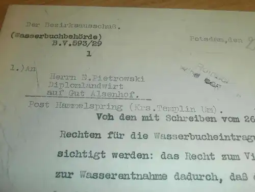 E. Pietrowski auf Gut Alsenhof / Hammelspring , 1929 , Templin , Viehtränken , Wasserbuch , Uckermark !!!